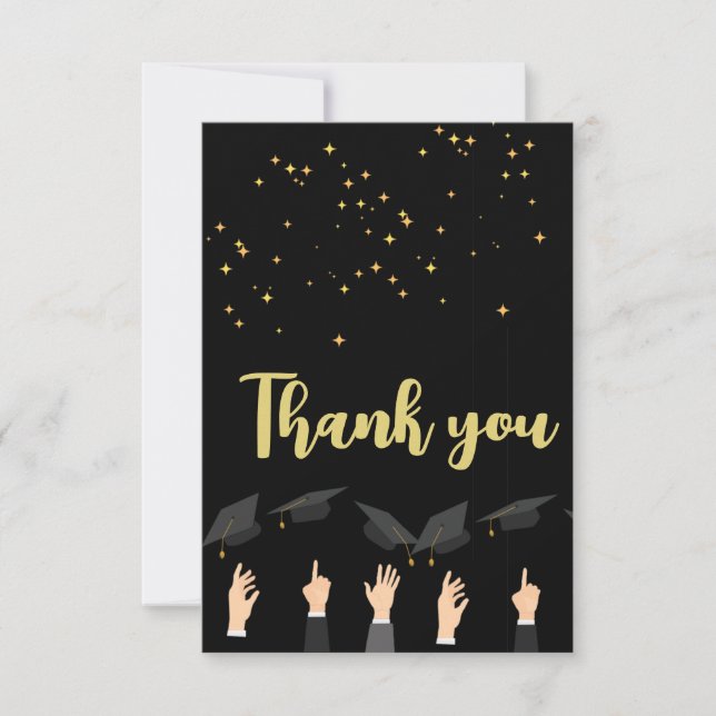 Custom Cute Elegant Modern Black & Gold Graduation Thank You Card (Front)