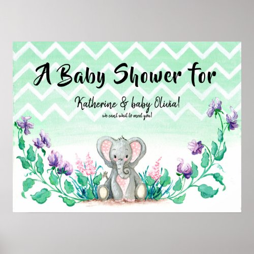 Custom Cute Elephant Baby Shower Garden Chevron Poster