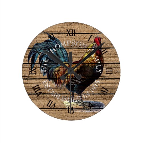 Custom Cute Farmhouse Rooster On Old Wood Planks Round Clock