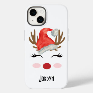 Custom Cute Female Reindeer Face Santa Hat Case-Mate iPhone 14 Case