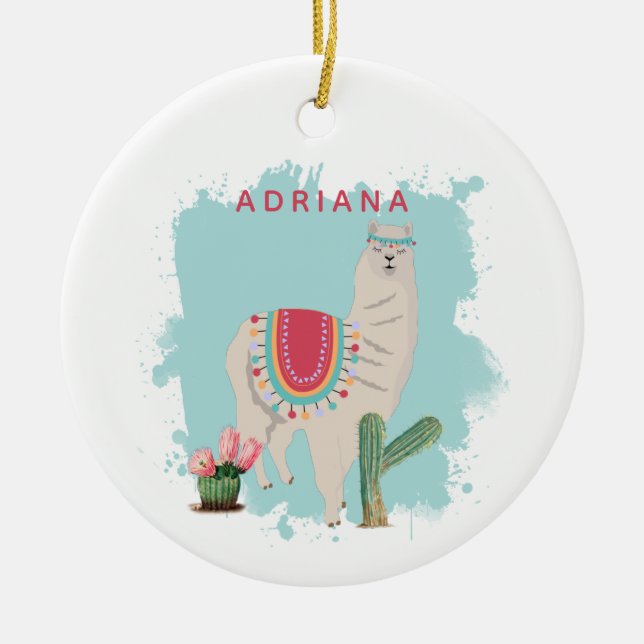 Custom Cute Fiesta Llama & Cactus Ceramic Ornament (Front)