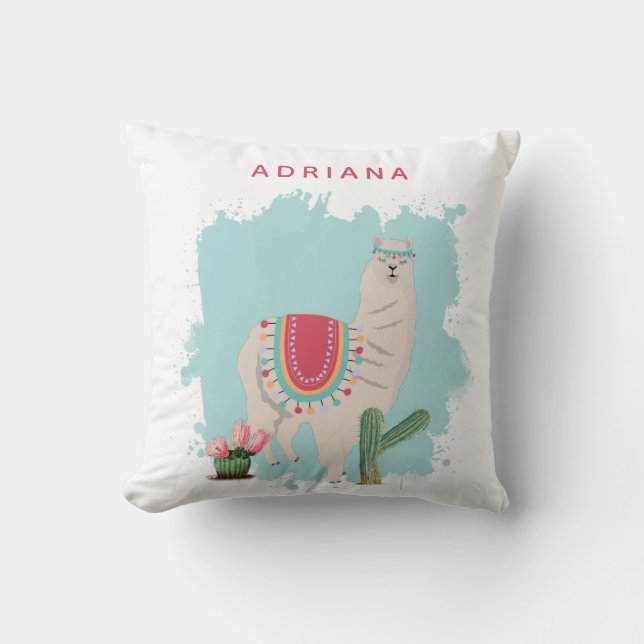 Custom Cute Fiesta Llama & Cactus Nursery Throw Pillow (Front)