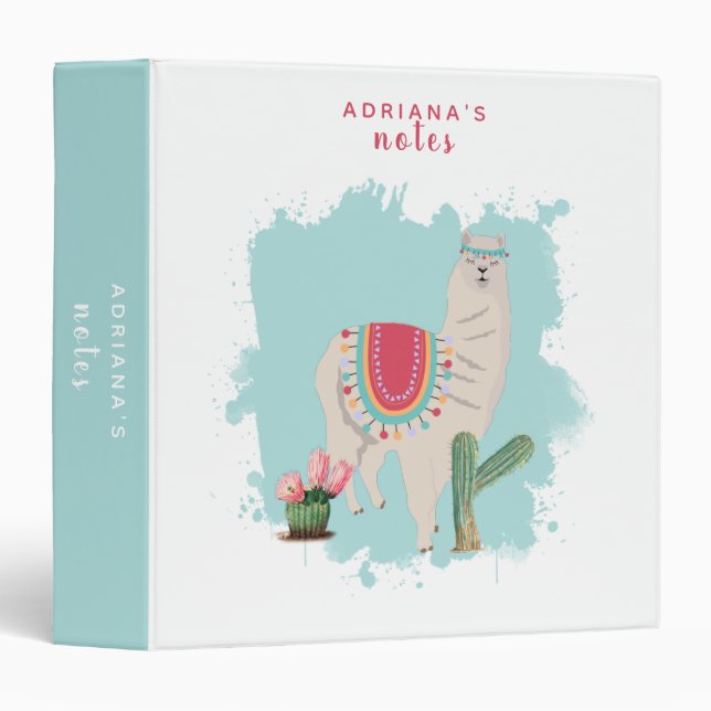 Custom Cute Fiesta Llama & Cactus School 3 Ring Binder (Front/Spine)