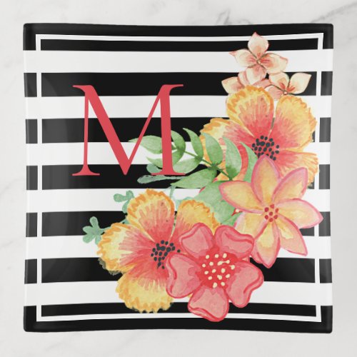 Custom Cute Floral Watercolor Fun Stripes Pattern Trinket Tray