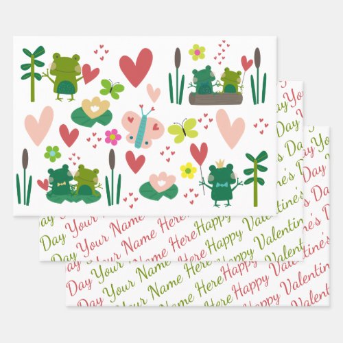 Custom Cute Frog Couple Valentines Day Set of 3  Wrapping Paper Sheets