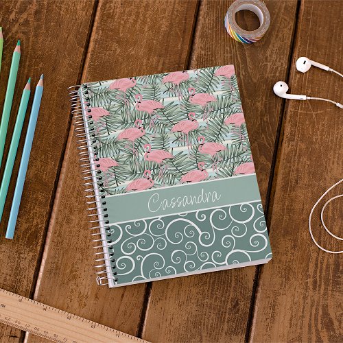 Custom Cute Fun Pink Flamingoes Palm Leafs Pattern Notebook