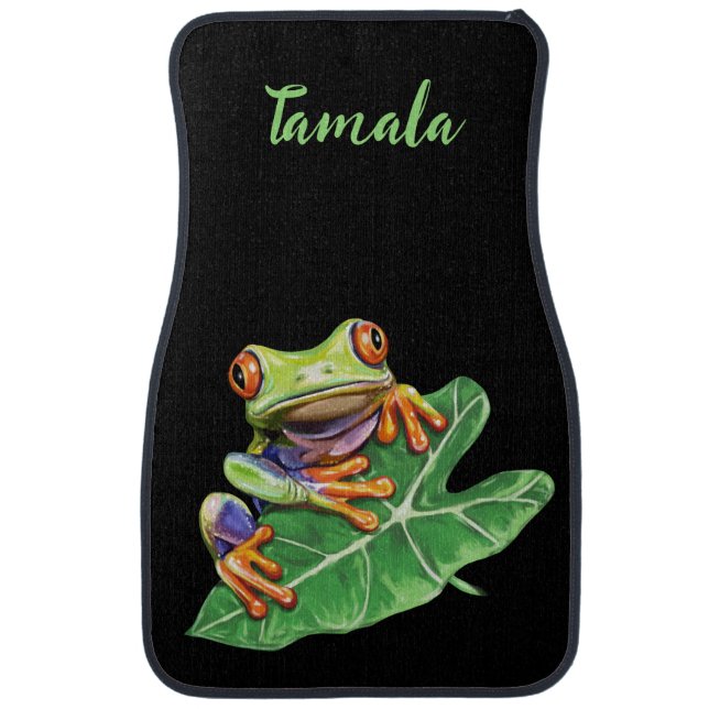 Custom Cute Fun Tree Frog Black Car Floor Mats (Front)