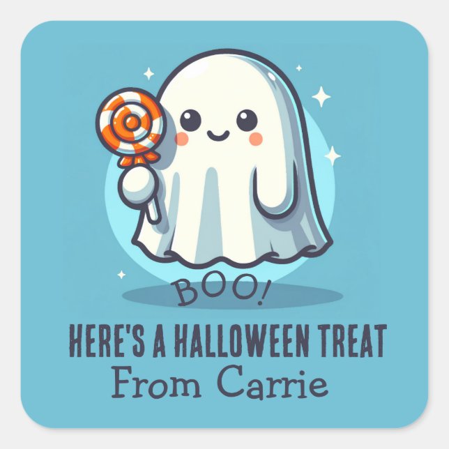 Custom Cute Ghost with Candy Halloween Treat Bag  Square Sticker (Front)