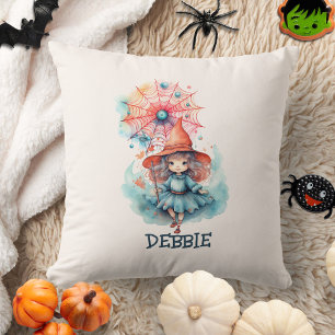 Custom Cute Girly Pink Witch Watercolor Halloween  Throw Pillow