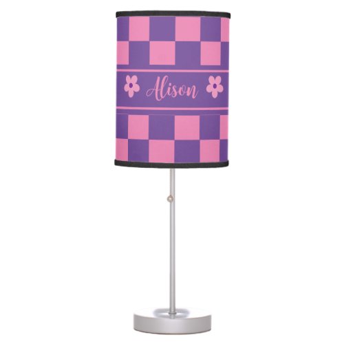 Custom Cute Girly Purple Pink Checkered Pattern Table Lamp