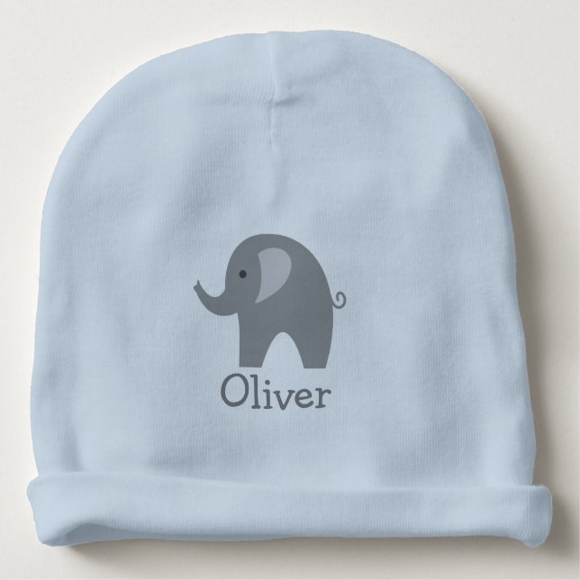 Custom cute gray elephant blue boy baby beanie hat (Front)