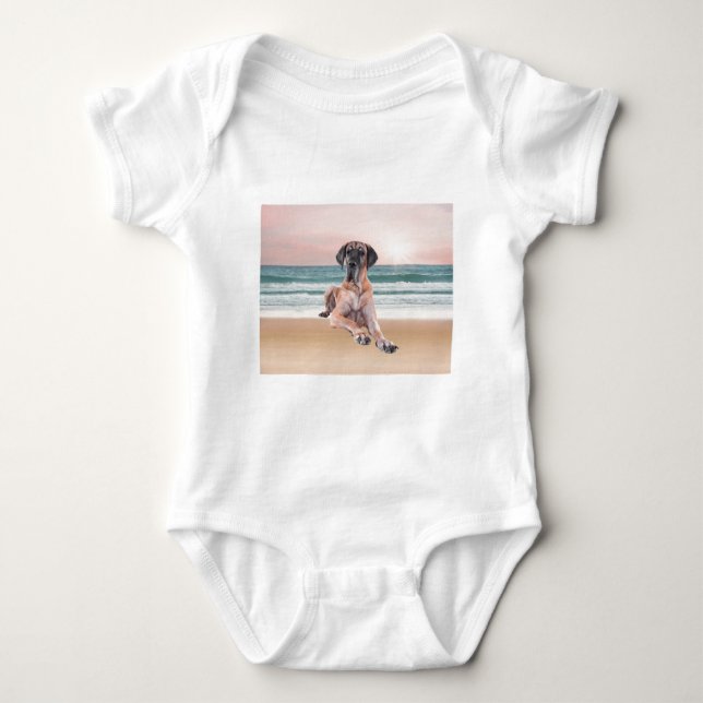 Custom Cute Great Dane Dog Sitting on Beach Baby Bodysuit (Front)