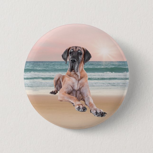Custom Cute Great Dane Dog Sitting on Beach Button (Front)
