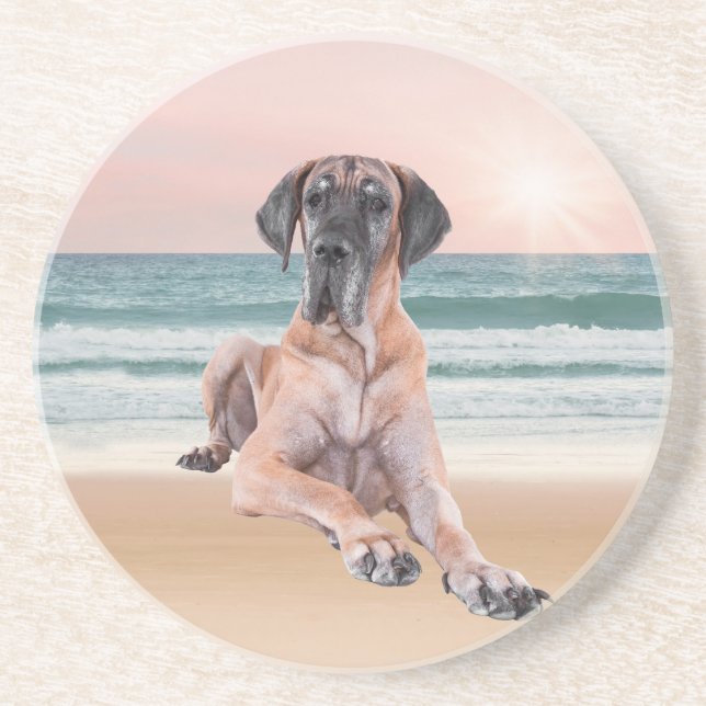 Custom Cute Great Dane Dog Sitting on Beach Coaster (Front)