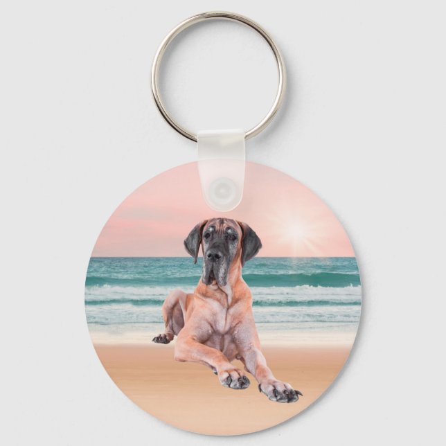 Custom Cute Great Dane Dog Sitting on Beach Keychain (Front)