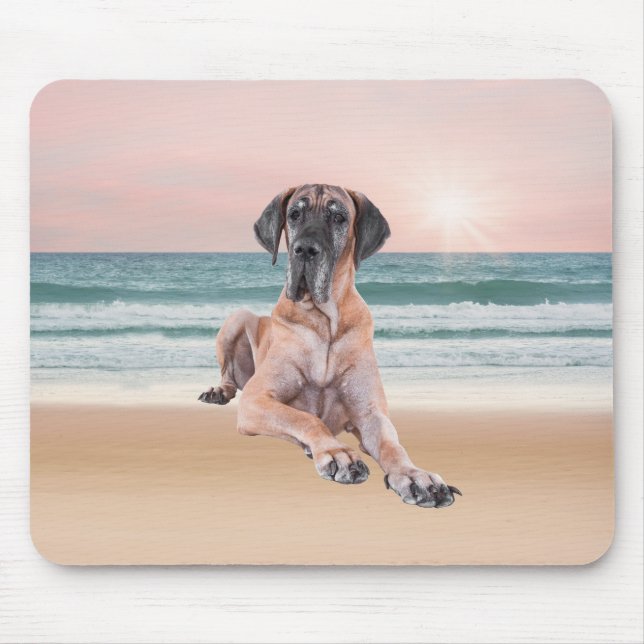 Custom Cute Great Dane Dog Sitting on Beach Mouse Pad (Front)