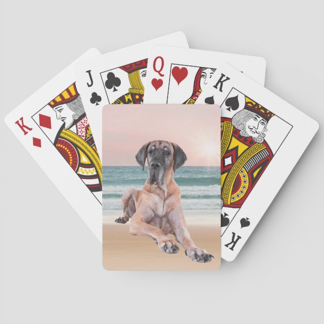 Custom Cute Great Dane Dog Sitting on Beach Poker Cards (Back)