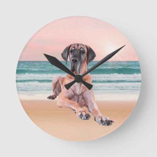 Custom Cute Great Dane Dog Sitting on Beach Round Clock