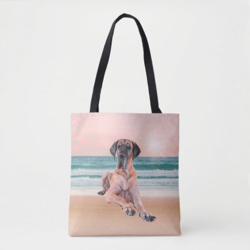 Custom Cute Great Dane Dog Sitting on Beach Tote Bag