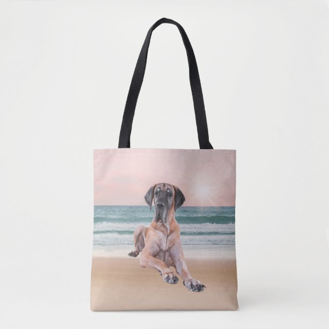 Custom Cute Great Dane Dog Sitting on Beach Tote Bag (Front)