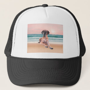 Custom Cute Great Dane Dog Sitting on Beach Trucker Hat
