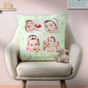Custom Cute Green Baby Name Photo Throw Pillow