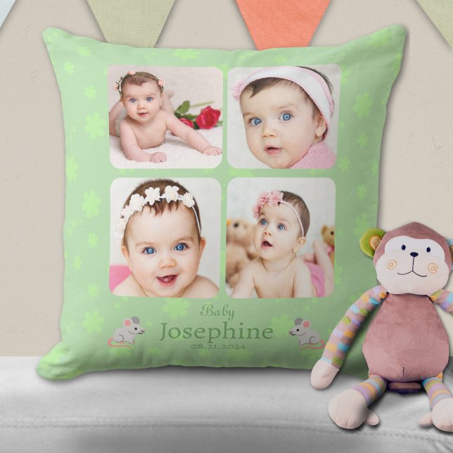 Custom Cute Green Baby Name Photo Throw Pillow (Creator Uploaded)