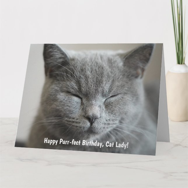 Custom Cute Grey Kitty Photo Purr-fect Birthday Card (Front)