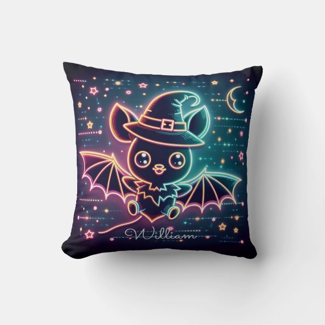 Custom Cute Halloween Bat Witch's Hat Moon Nursery Throw Pillow (Front)