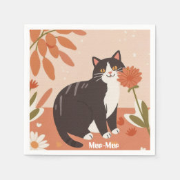 Custom Cute Happy Cat with Spring Flowers Napkins