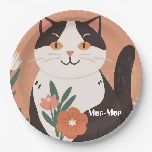 Custom Cute Happy Cat with Spring Flowers  Paper Plates (Front)