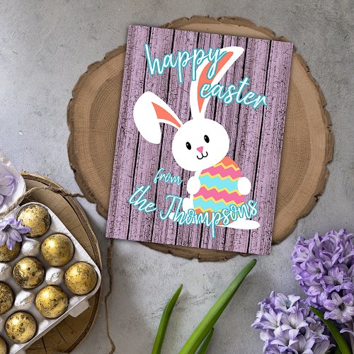 Custom Cute Happy Easter Bunny with Colored Egg Card