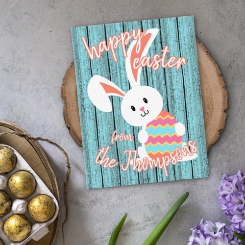 Custom Cute Happy Easter Bunny with Colored Egg Holiday Card
