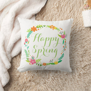 Custom Cute Happy Spring Flowers Leaves Wreath Throw Pillow