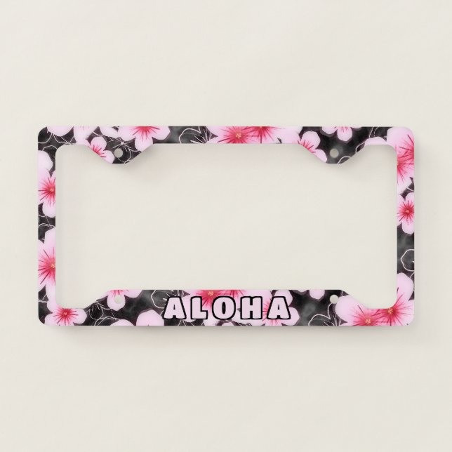 Custom Cute Hibiscus Floral Art Pattern On Black License Plate Frame (Front)