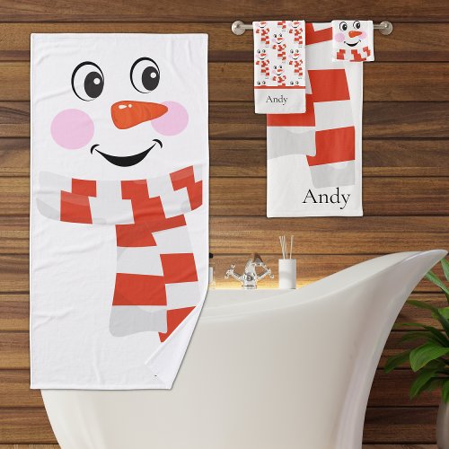 Custom Cute Holiday Happy Smiling Snowman Face Bath Towel Set