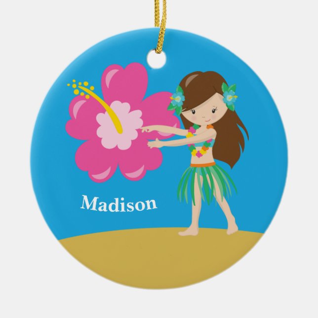 Custom Cute Hula Girl Beach Ceramic Ornament (Front)