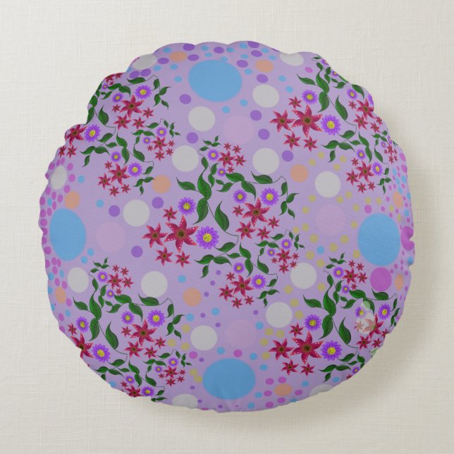 Custom Cute Kidcore Confetti Floral & Vine Pattern Round Pillow (Front)