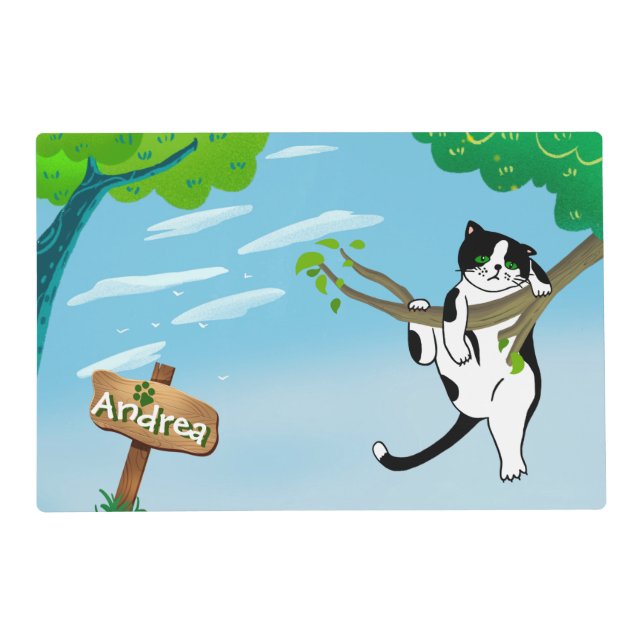 Custom Cute Kitty Climbing Tree Laminated Placemat (Front)