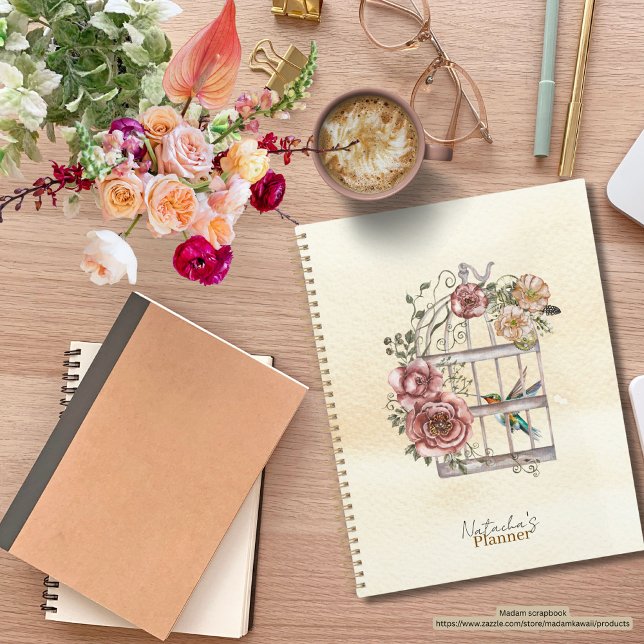 Custom Cute kraft paper backdrop Romantic floral Planner (Modern watercolor planner with floral and birds)