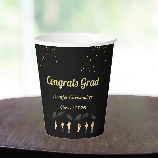 Custom Cute modern Black & Gold Graduation 2026 Paper Cups (Creator Uploaded)