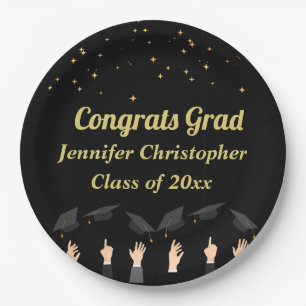Custom Cute modern Classic Black & Gold Graduation Paper Plates
