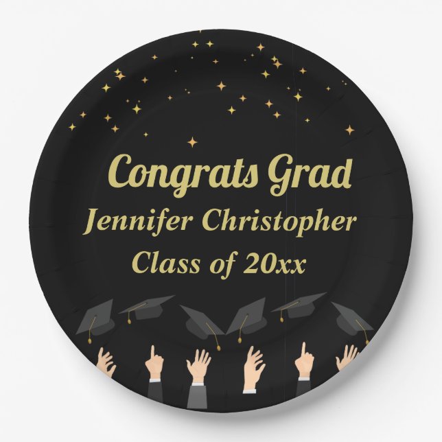 Custom Cute modern Classic Black & Gold Graduation Paper Plates (Front)