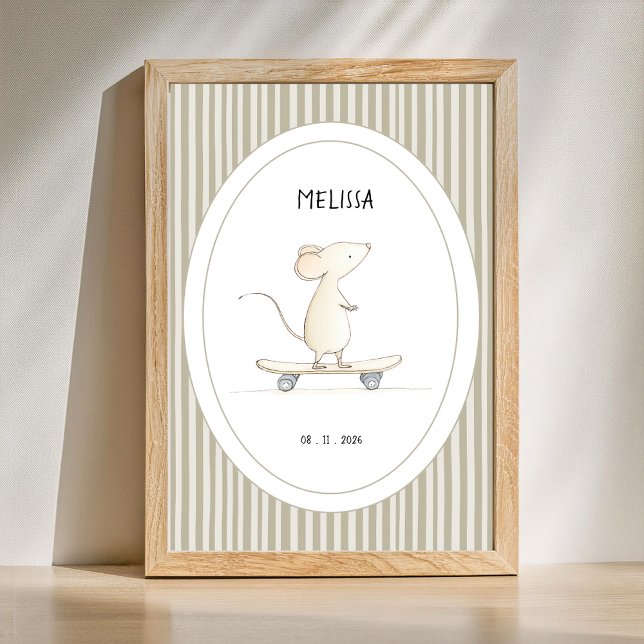 Custom Cute Mouse Nursery Name Date Poster (Personalize Name and Date of this Cute Animal Nursery poster )