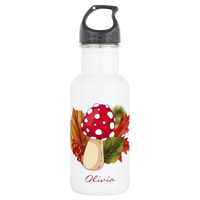 Custom Cute Mushroom Autumn Fall Leaves Stainless Steel Water Bottle (Front)