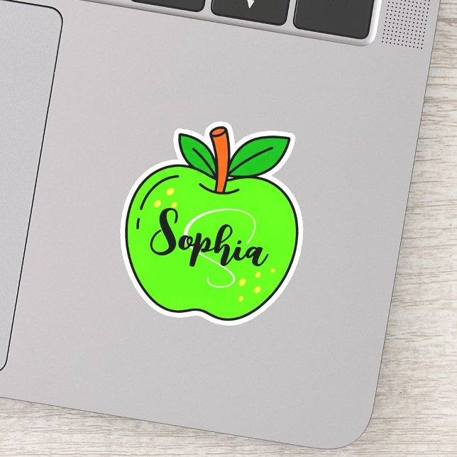 Custom Cute Name & Monogram | Green Apple Teacher Sticker (Personalized green apple teacher sticker, custom monogram name decal, cute green apple teacher gift)