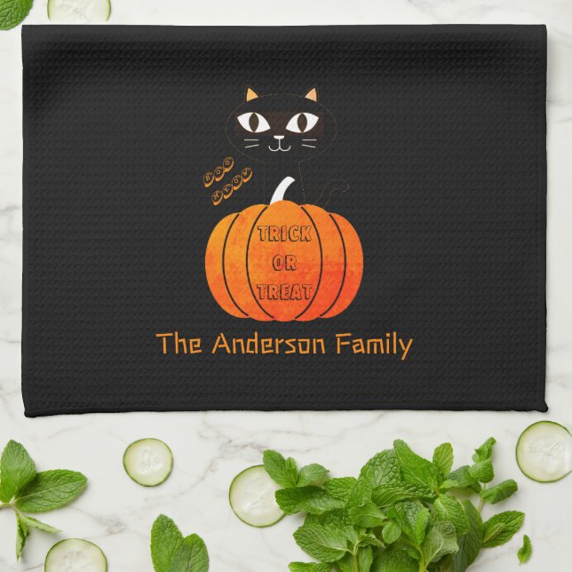 Custom Cute Orange Black Cat & Pumpkin Halloween Kitchen Towel (Folded)