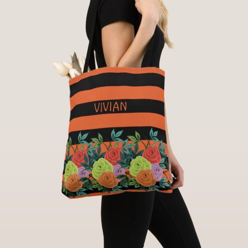 Custom Cute Orange Black Stripes  Roses Bride Tote Bag