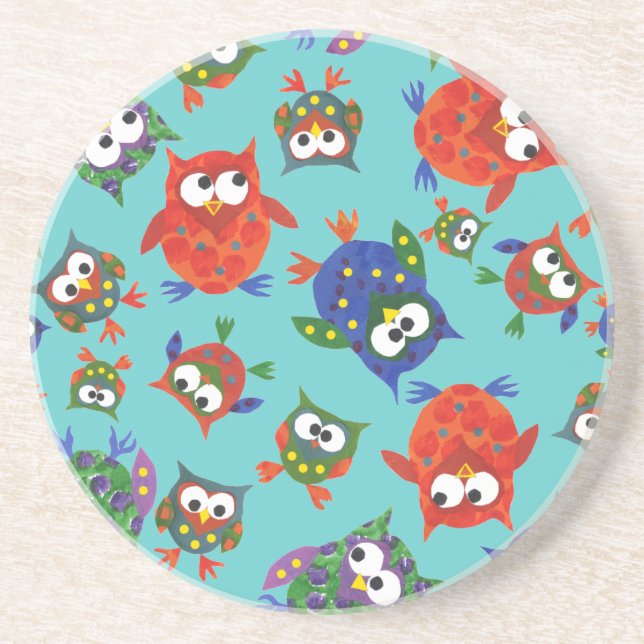 Custom Cute Owls Sandstone Coaster, Turquoise Coaster (Front)