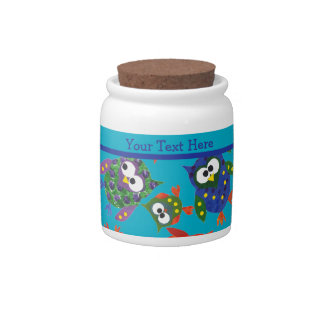 Custom Cute Owls Storage Jar, Turquoise Candy Jar